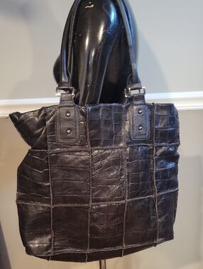 CHOCOLAT BLU Black Leather Croc-Embossed Patchwork Tote Bag